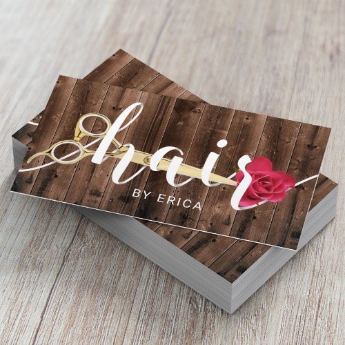 Hair Salon Scissor  Flower Typography Rustic Wood Business Card