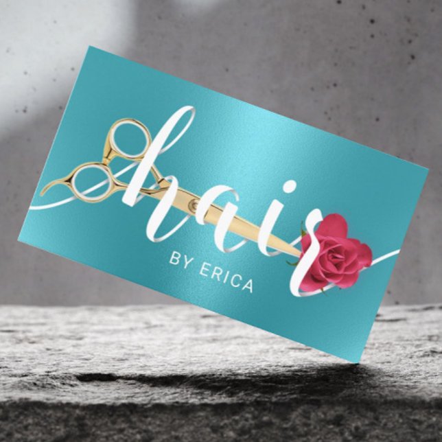 Hair Salon Scissor & Flower Typography Turquoise Business Card (Creator Uploaded)