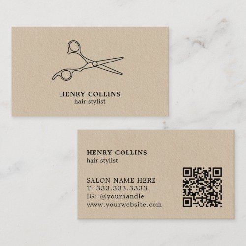 Hair Salon Scissors Beige Kraft Paper Qr Code Business Card
