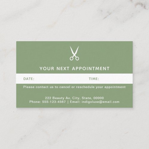 Hair Salon Scissors Modern Green Appointment Card