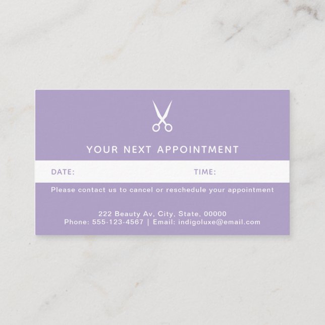 Hair Salon Scissors Modern Purple Appointment Card (Back)