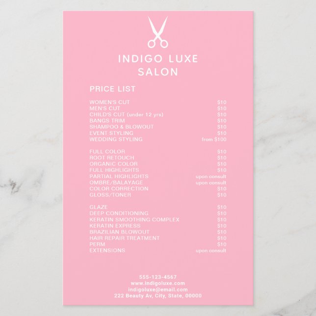 Hair Salon Scissors Pink Service Menu Price List Flyer (Front)