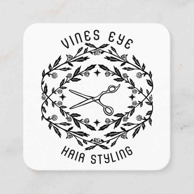 Hair Salon Scissors Roses Vines Magical Boho Luxe Square Business Card (Front)