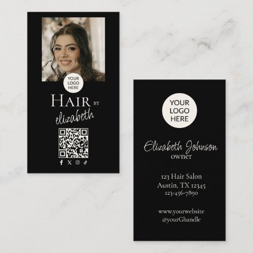 Hair Salon Script Social Icon Logo Photo Black Business Card
