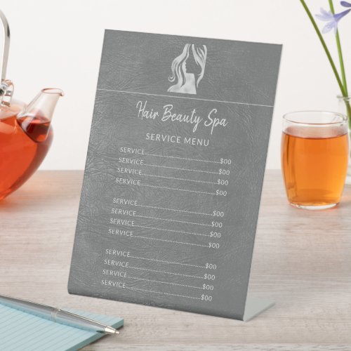 Hair Salon Silver Grey Leather Price List Services Pedestal Sign