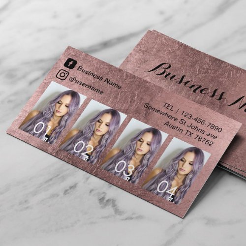 Hair Salon Social Media Photo Collage Rose Gold Business Card