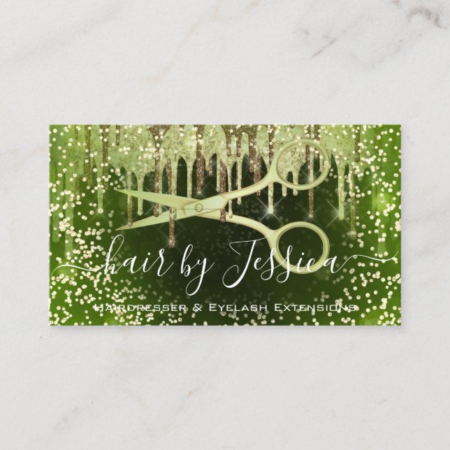 Hair Salon Stylist Hairdresser Scissors Green Business Card (Front)