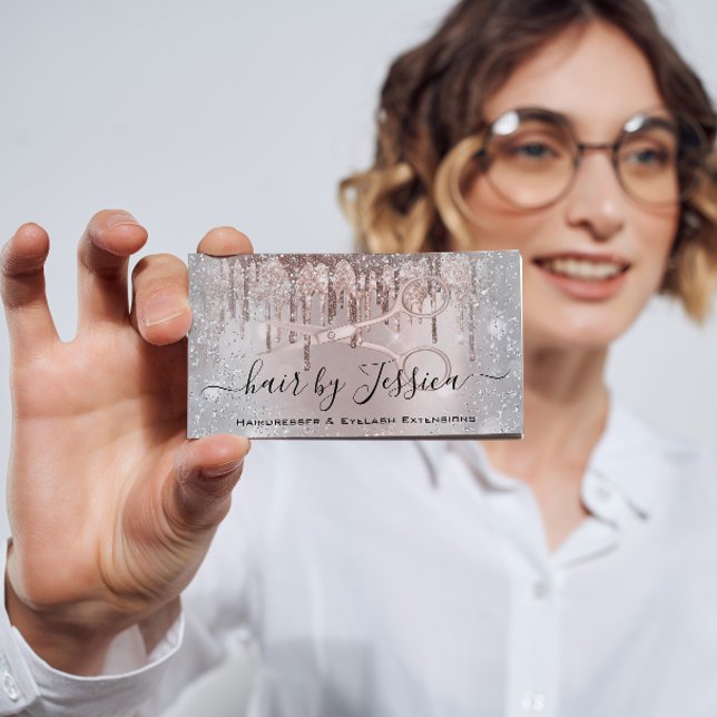 Hair Salon Stylist Hairdresser Scissors Rose Gray Business Card (Creator Uploaded)