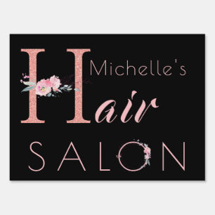 Hair salon stylist name floral glitter pink black sign