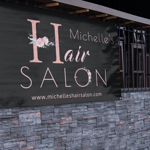 Hair salon stylist name pink floral glitter black banner