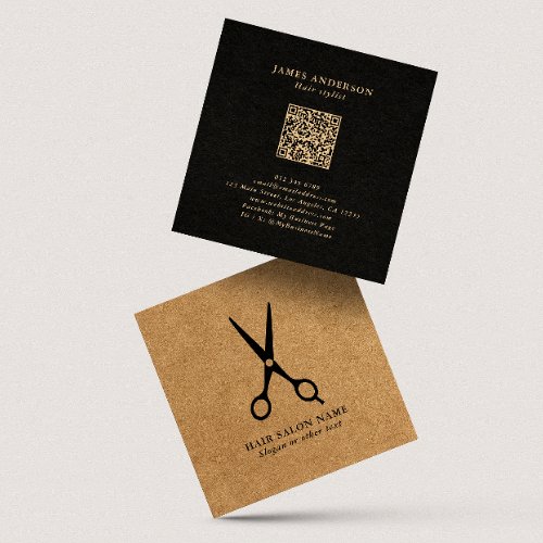 Hair SalonStylist Scissors Faux Kraft QR Code Square Business Card