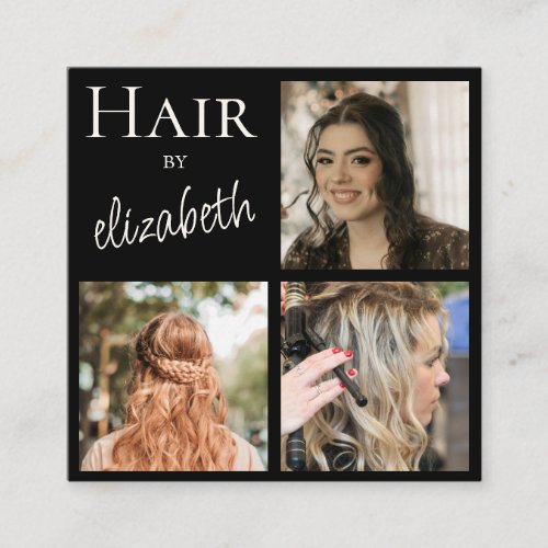Hair Salon Stylist Script 3 Photos Black Square Business Card