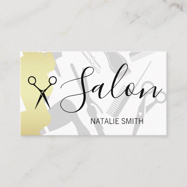 Hair Salon Tools and Gold Brushed Business Card (Front)