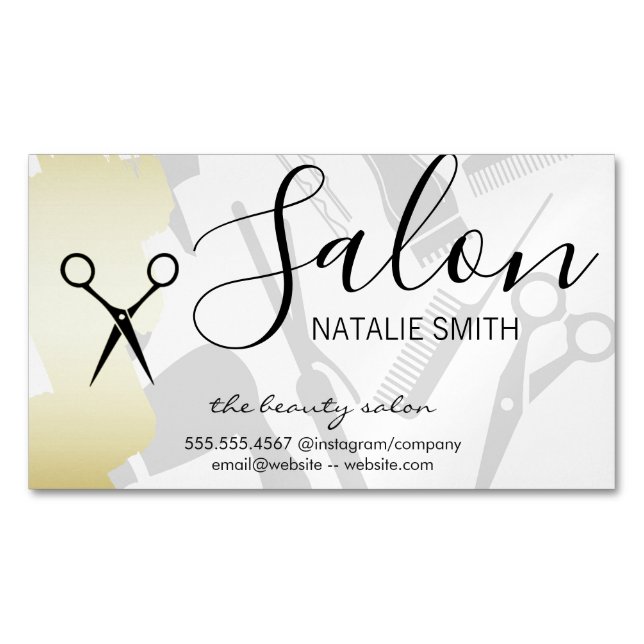 Hair Salon Tools and Gold Brushed Business Card Magnet (Front)