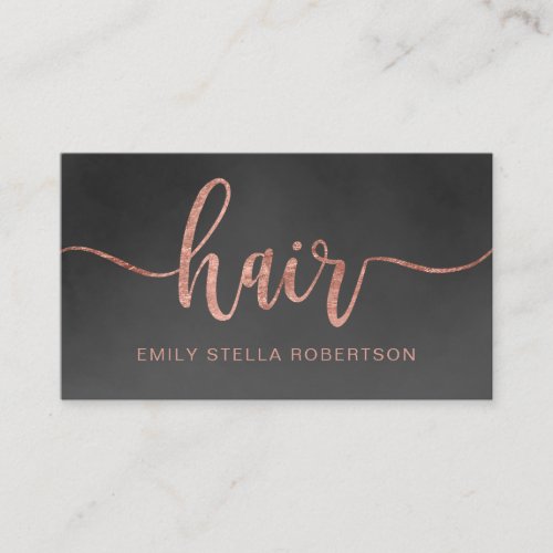 Hair script typography rose gold black watercolor business card