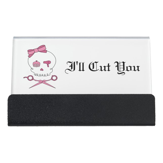 Hair Skull & Scissor Crossbones I'll Cut You Pink Desk Business Card Holder (Front)