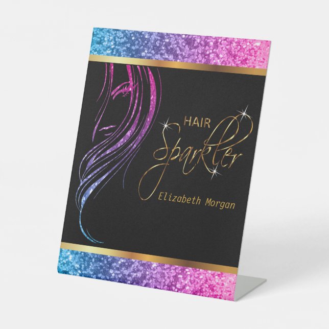 Hair Sparkler in a Girly Colorful Glitter Pedestal Sign (Front)