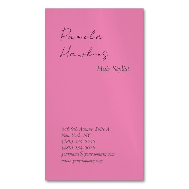 Hair stylish professional plain pink feminine business card magnet (Front Vertical)