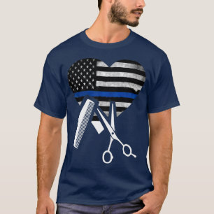 Hair Stylist American Flag Heart Thin Blue Line T-Shirt