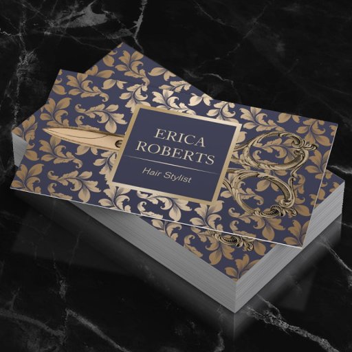 Customizable Hair Stylist Antique Gold Scissor Luxury Damask Business Card