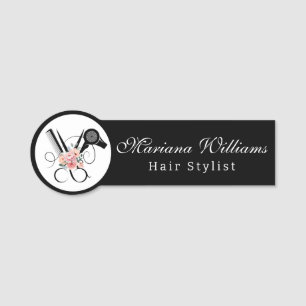 hair stylist barber floral Scissors black & white Name Tag