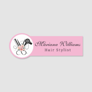 hair stylist barber floral Scissors pink Name Tag
