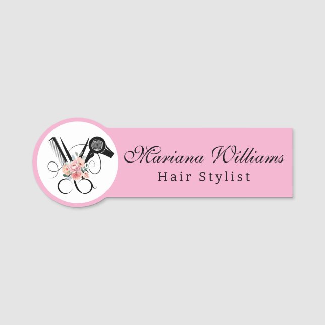 hair stylist barber floral Scissors pink Name Tag (Front)