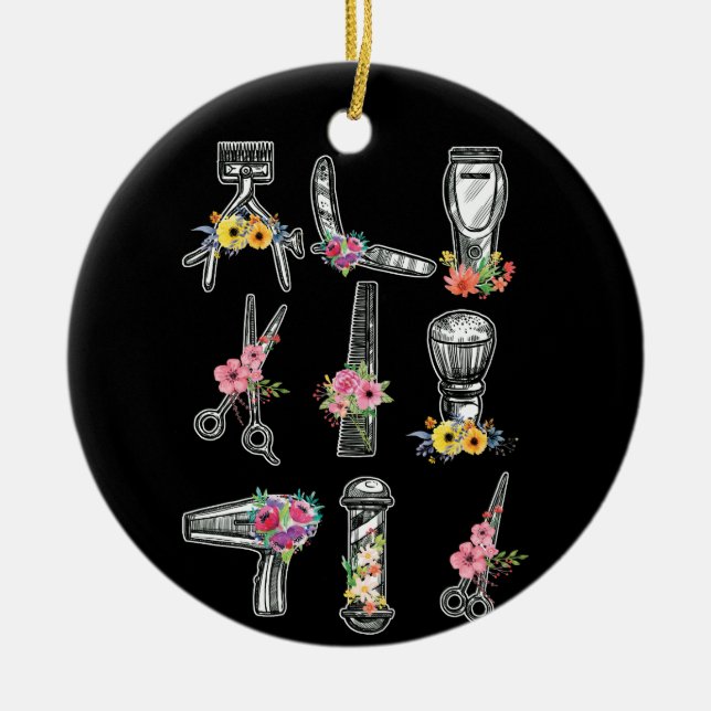 Hair Stylist Barber Tools Floral Ceramic Ornament (Front)