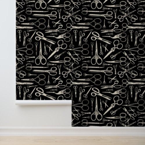 Hair Stylist Barber Vintage Scissors Pattern Black Wallpaper