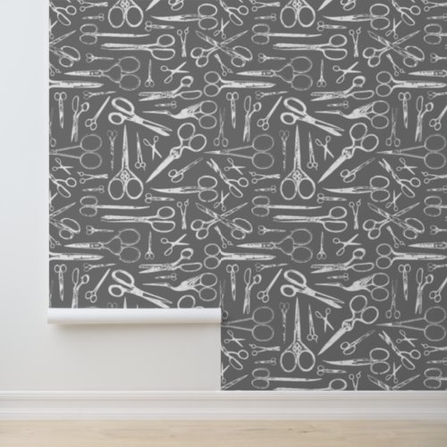 Hair Stylist Barber Vintage Scissors Pattern Gray Wallpaper