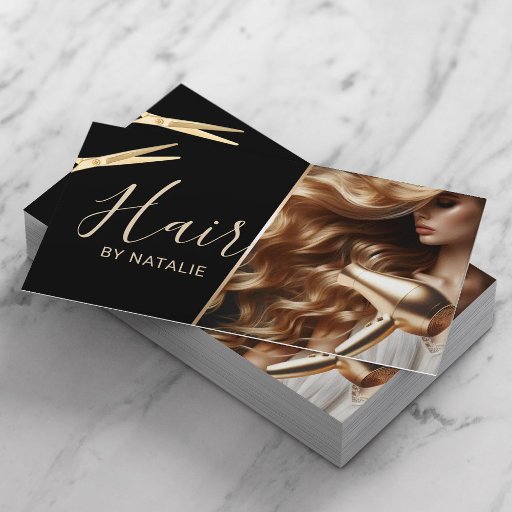 Customizable Hair Stylist Beauty Girl Photo Black &amp; Gold Salon Business Card