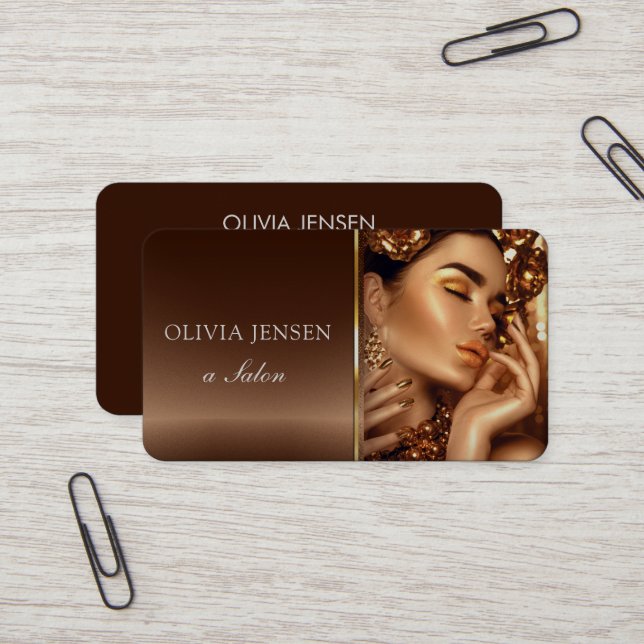 Hair Stylist Beauty Girl Photo Brown & Gold Salon  Business Card (Front/Back In Situ)