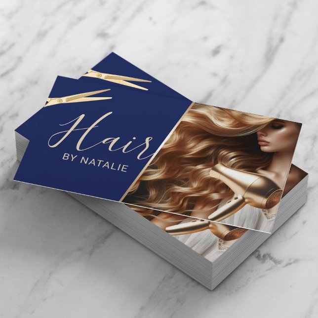 Hair Stylist Beauty Girl Photo Navy Blue Salon Business Card (Creator Uploaded)