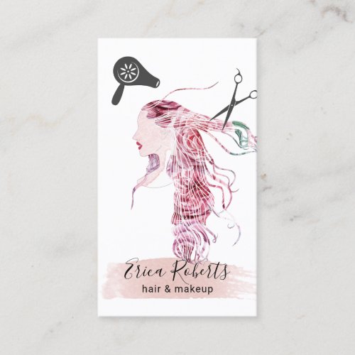 Hair Stylist Beauty Girl Watercolor Floral Hair Business Card