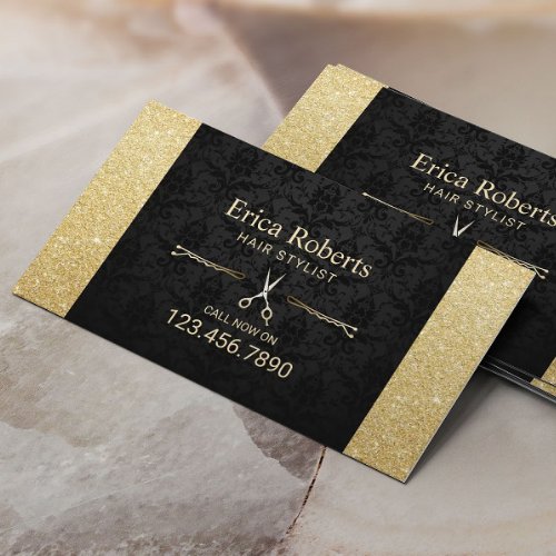 Hair Stylist Beauty Salon Black  Gold Glitter Business Card