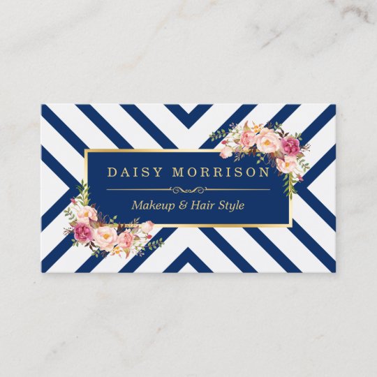 Hair Stylist Beauty Salon Gold Floral Navy Blue Business Card