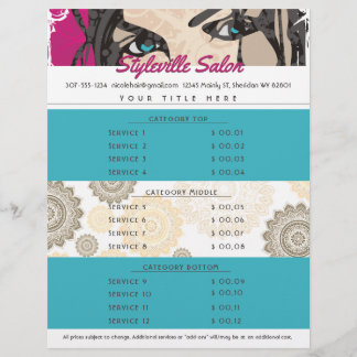 Hair stylist beauty salon makeup artist price list letterhead
