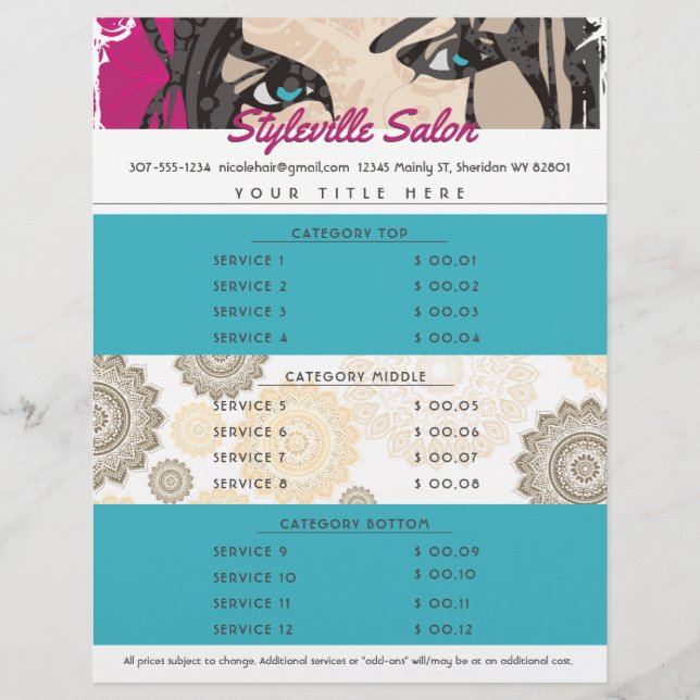 Hair stylist beauty salon makeup artist price list letterhead (Front)