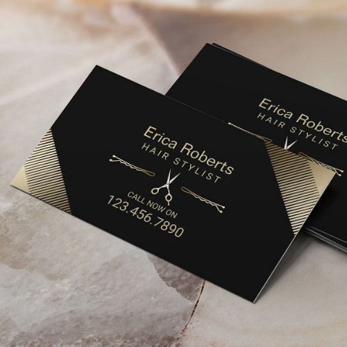 Hair Stylist Beauty Salon Modern Black  Gold Business Card