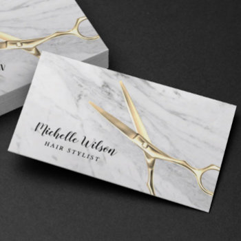 Hair Stylist Beauty Salon Trendy White Marble Business Card by BlackEyesDrawing at Zazzle
