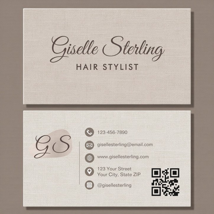 Hair Stylist Beige Linen Modern Elegant QR Code Business Card