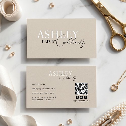 Hair Stylist Beige QR Code Business Card