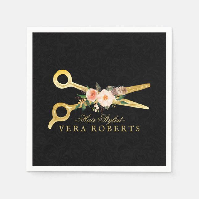 Hair Stylist black Damask Luxury Gold Scissors Napkins (Front)