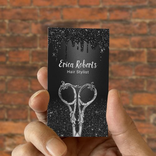 Hair Stylist Black Galaxy Glitter Drips Salon Business Card