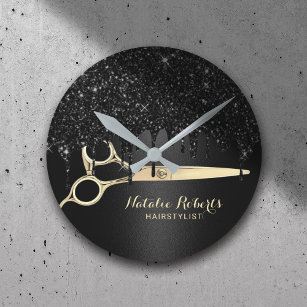 Hair Stylist Black Glitter Drips Beauty Salon Round Clock