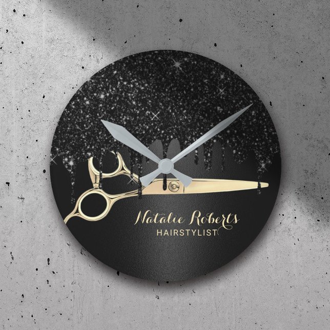 Hair Stylist Black Glitter Drips Beauty Salon Round Clock (Creator Uploaded)