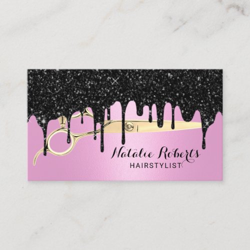 Hair Stylist Black Glitter Drips Pink Beauty Salon Business Card