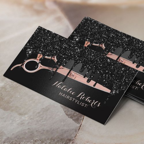 Hair Stylist Black Glitter Drips Rose Gold Salon Business Card