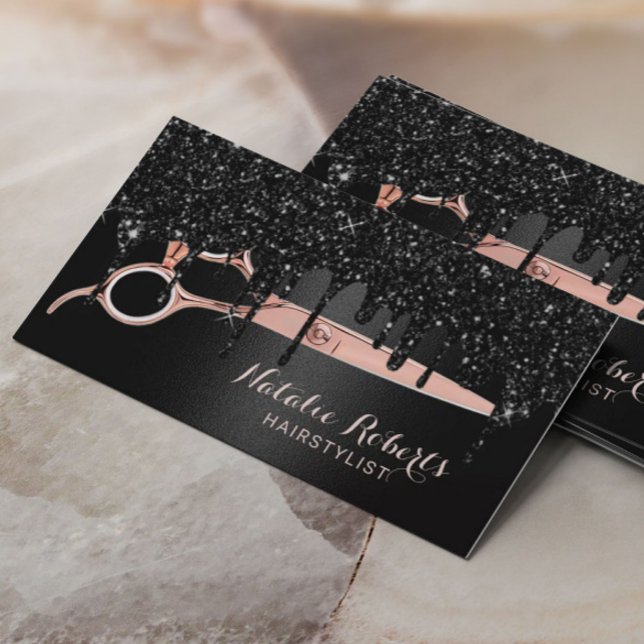 Hair Stylist Black Glitter Drips Rose Gold Salon Business Card (Creator Uploaded)