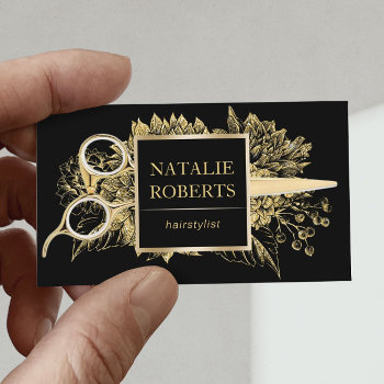 Hair Stylist Black & Gold Floral Beauty Salon Business Card by cardfactory at Zazzle